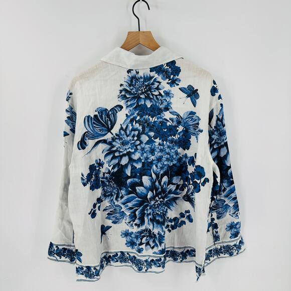 H&M Blue Floral Linen Popover Blouse White Long Sleeve Button Down Size M - Picture 3 of 10